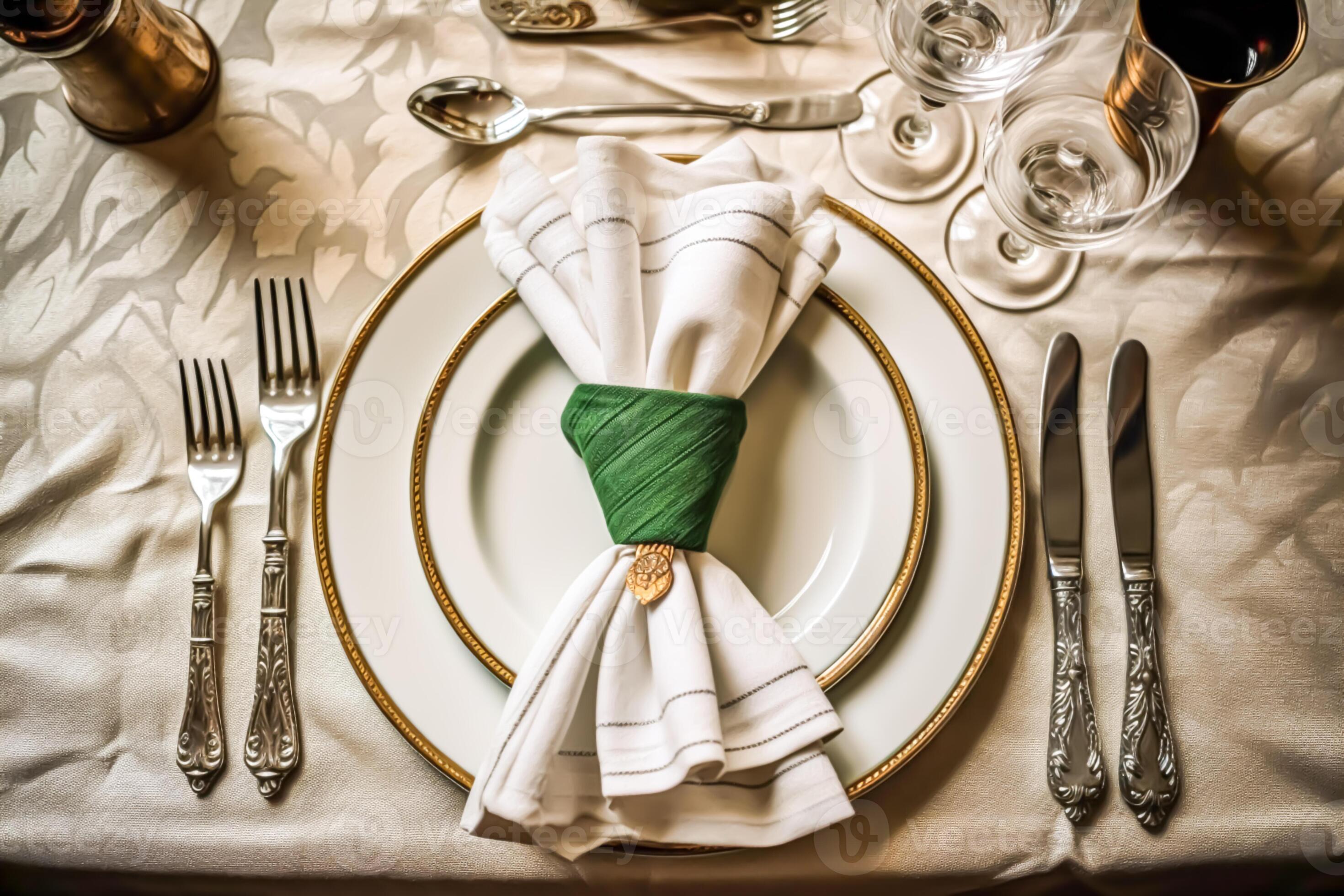 Elegant dinner table setting arrangement in english country style as