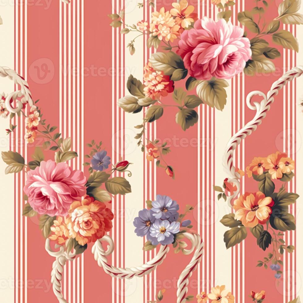 sin costura modelo con flores, clásico país cabaña estilo floral y rayas para fondo de pantalla, tela y producto diseño, generativo ai foto