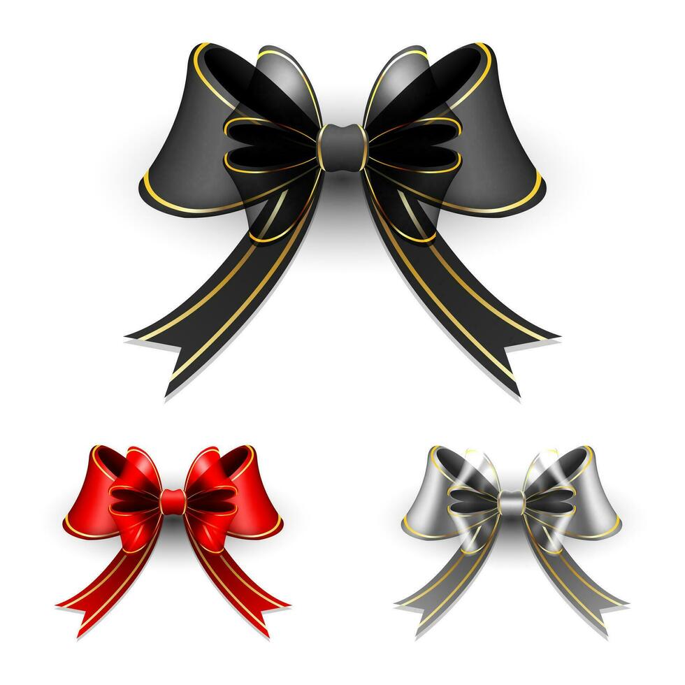 Set of premium black, red and silver bows with golden lines on white background vector
