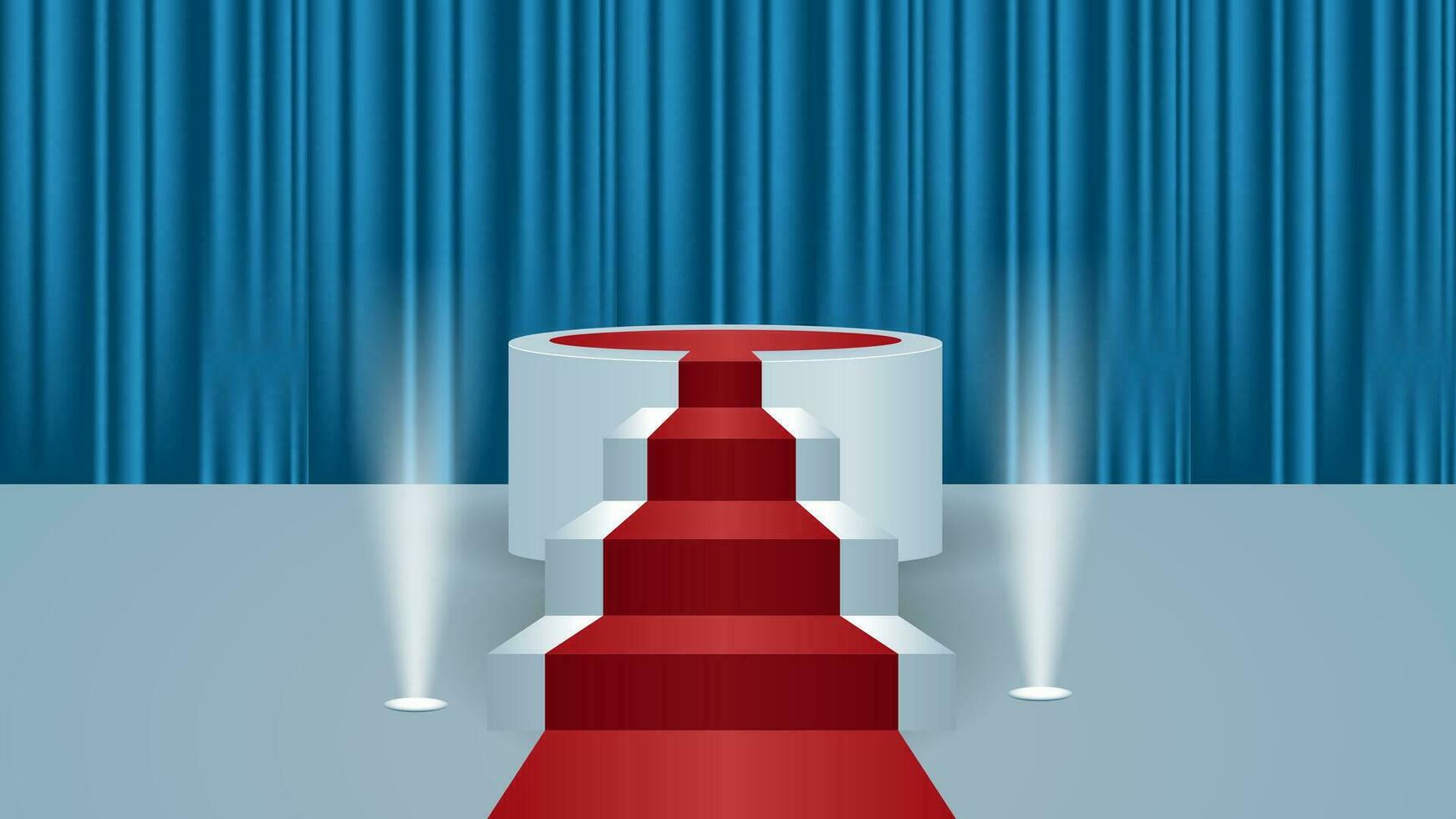 3D Podium with realistic blue curtain, stairs, lamp and red carpet vector