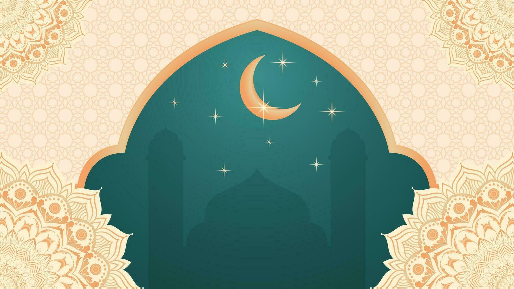 Ramadán kareem saludo tarjeta con mezquita, creciente Luna y sitio para tu texto. vector
