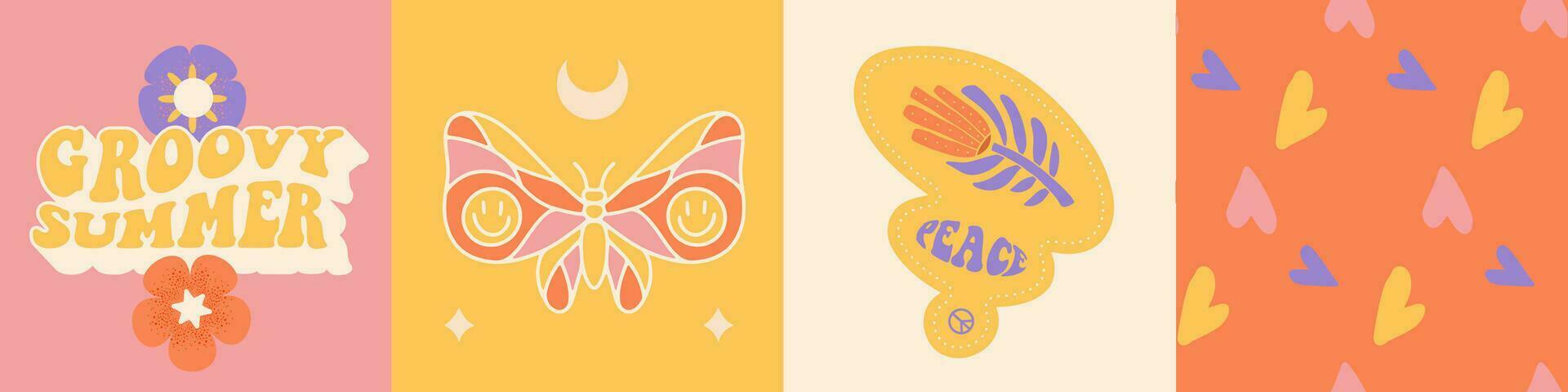 Groovy butterfly, hearts , flower banners collection. Set of 4 Hippie 60s 70s posters. Floral romantic backgrounds in trendy summer retro style. Flat Vector card, sticker, t-shirt print, invitation.
