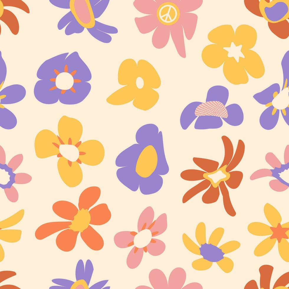 Groovy aesthetic floers seamless pattern. Spring or summer mood backround. Cute retro psychedelic flowers backdrop. Retro flat vector design and card, covers, package, wrapping paper.