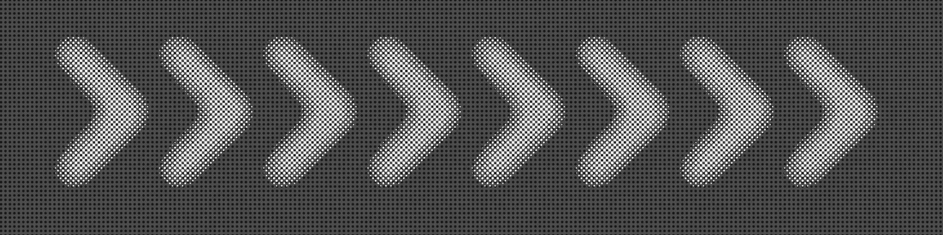 Black and white arrows with halftone effect. Vector illustration. Dotted forward direction logo, turn right.