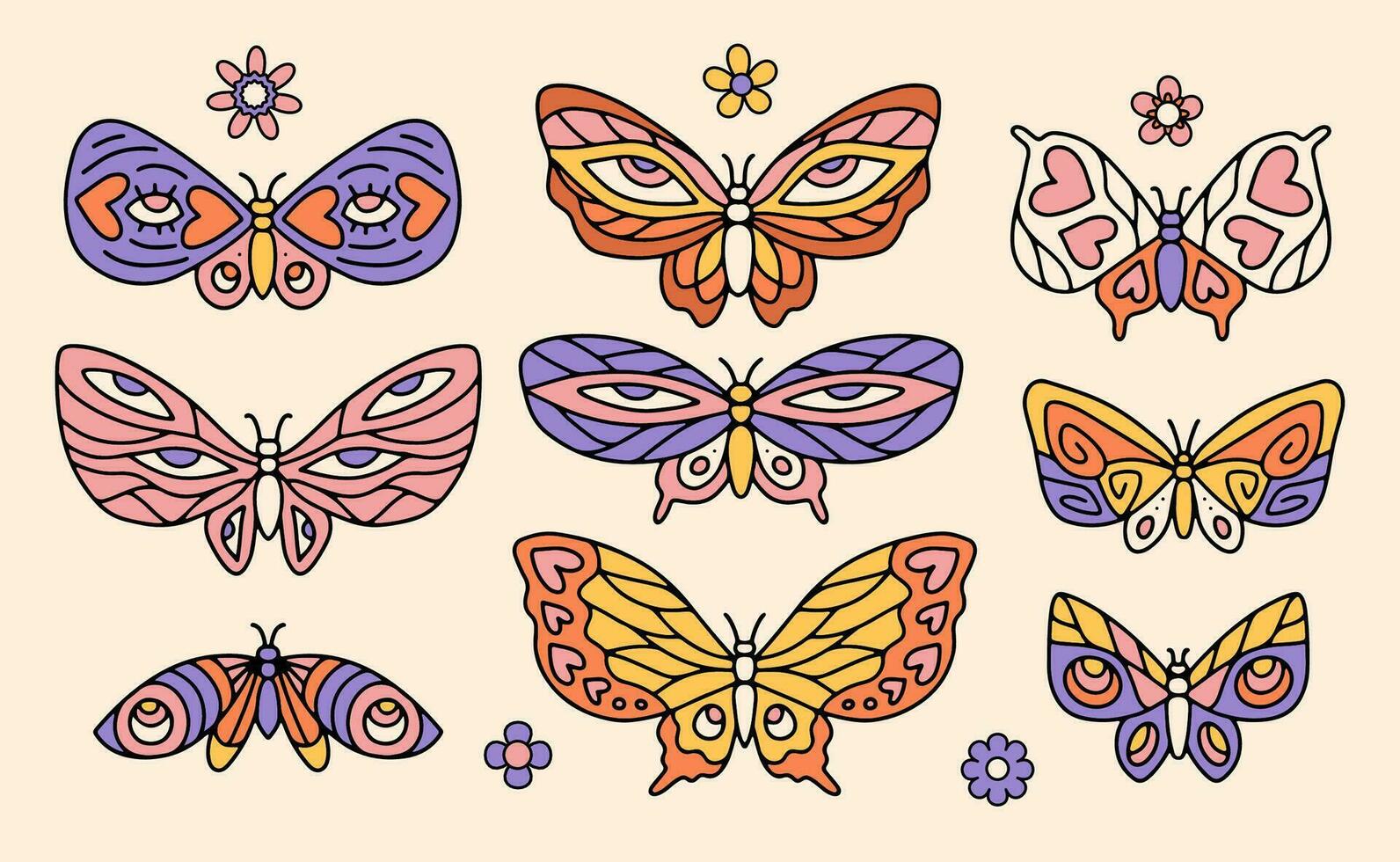 Groovy butterfly, daisy flower set. Hippie 60s 70s contour elements. Floral romantic stickers in trendy psychedelic retro style Linear hand drawn vector illustration.