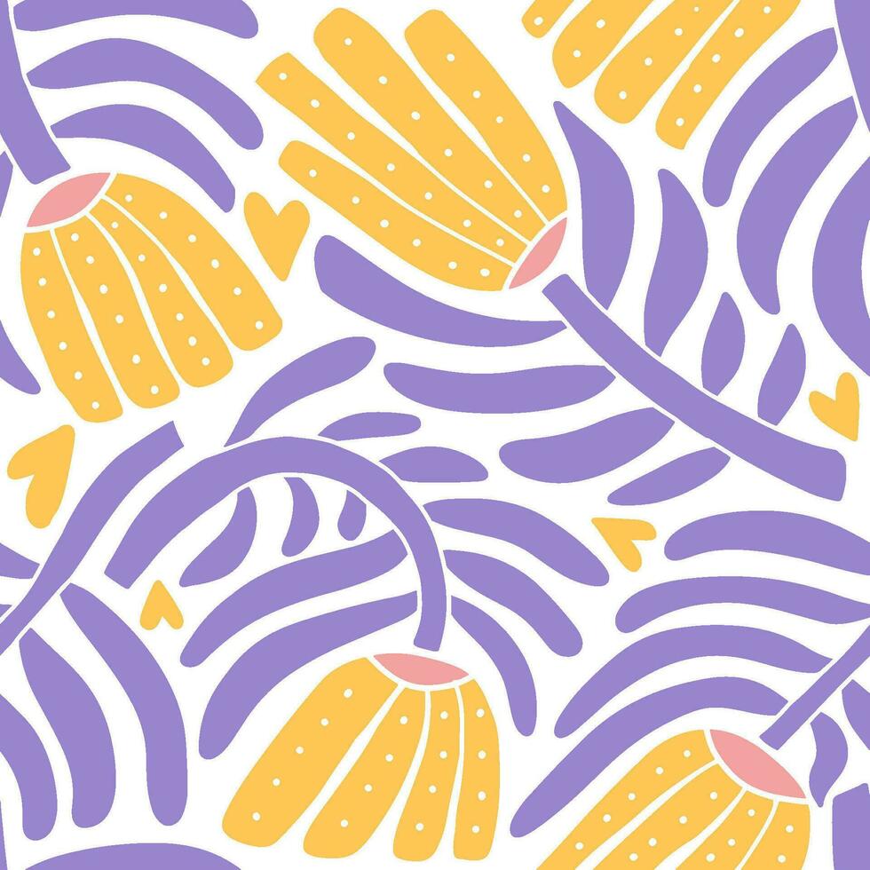 Abstract naive daisy flowers seamless pattern. Endless background in 70s groovy trippy funky style. Organic shapes aesthetic wall art. Curvy psychedelic summer floral decoration. Vector illustration.