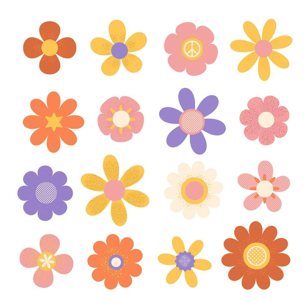 Groovy retro daisy flowers set. Pastel color Hippie psychedelic stickers in 1970s style. Vector Disco geometric illustration iwth grainy texture isolated on white background