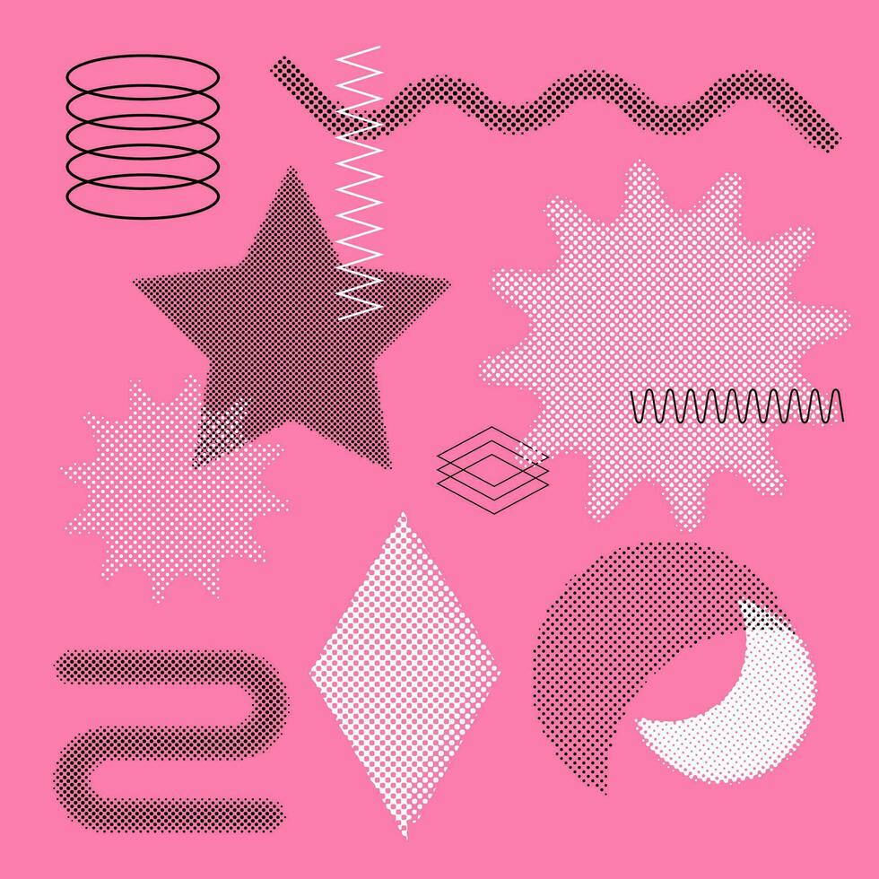 Set of halftone geometric elements. Black polka dot texture. Halftone pattern shapes. Modern y2k style Vector illustration.