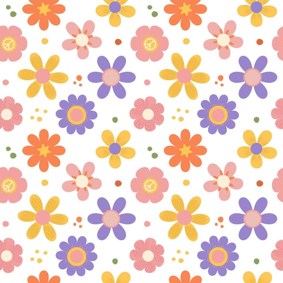 1970s retro style Daisy Flowers Seamless Pattern in Yellow, Red, Pink and purple Colors. Flat grainy textured Vector Illustration. Seventies Style, Groovy Background, Hippie Aesthetic.