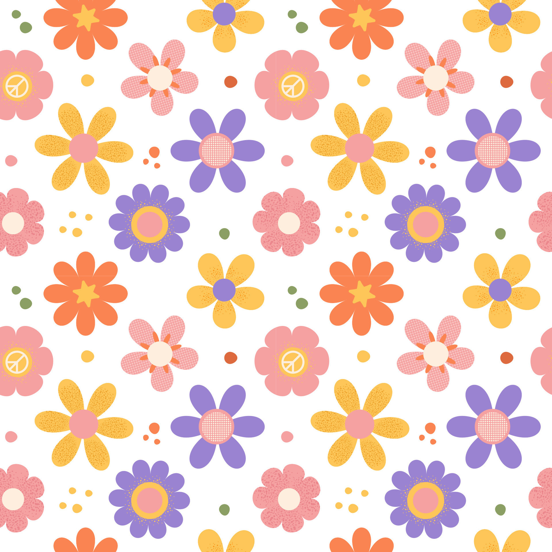 Hippie Aesthetic. 1970s Seamless Pattern Pack In Yellow, Daisy