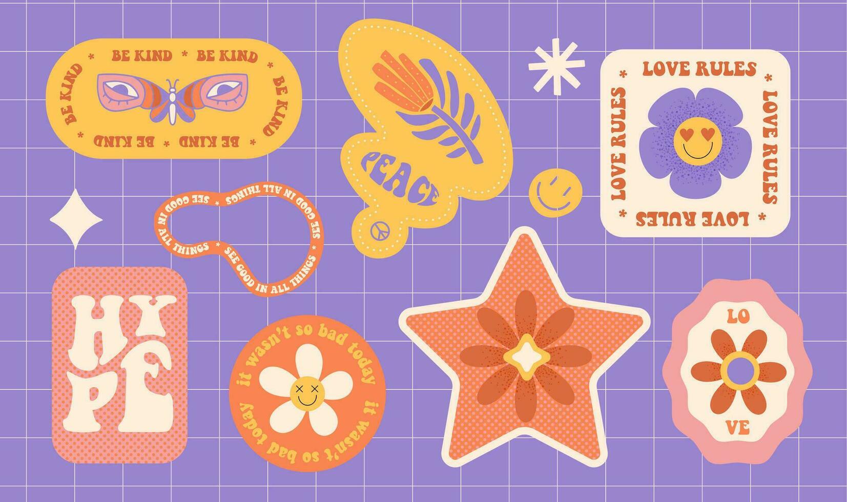 Groovy set of Cute floral Stickers. Trendy Patches Collection with flowers and smile faces. Funky hipster retrowave badges in geometric shapes. Flat Vector illustration of y2k , 90s illustration.