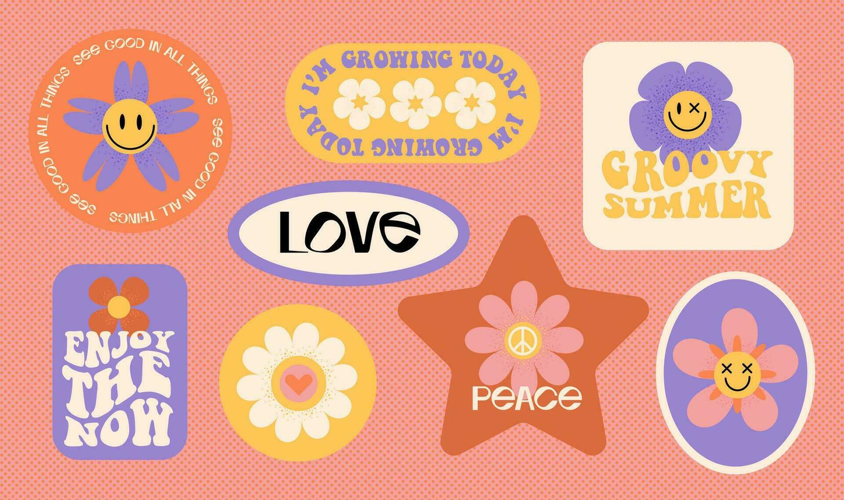 Trendy colorful set stickers with smiling face daisy and hippy easthetic text. Collection of geometirc shapes, positive slogans in style 70, 80s. Vector flat grainy textured illustration