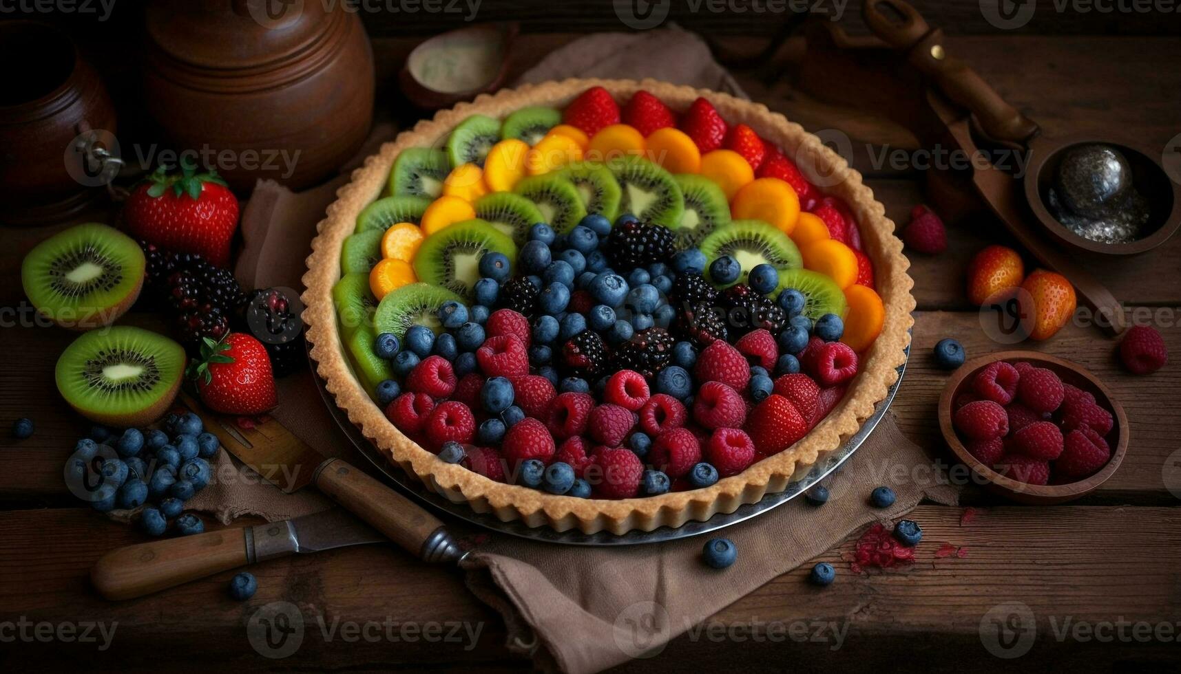 Fresh berry dessert on rustic wooden table generated by AI photo