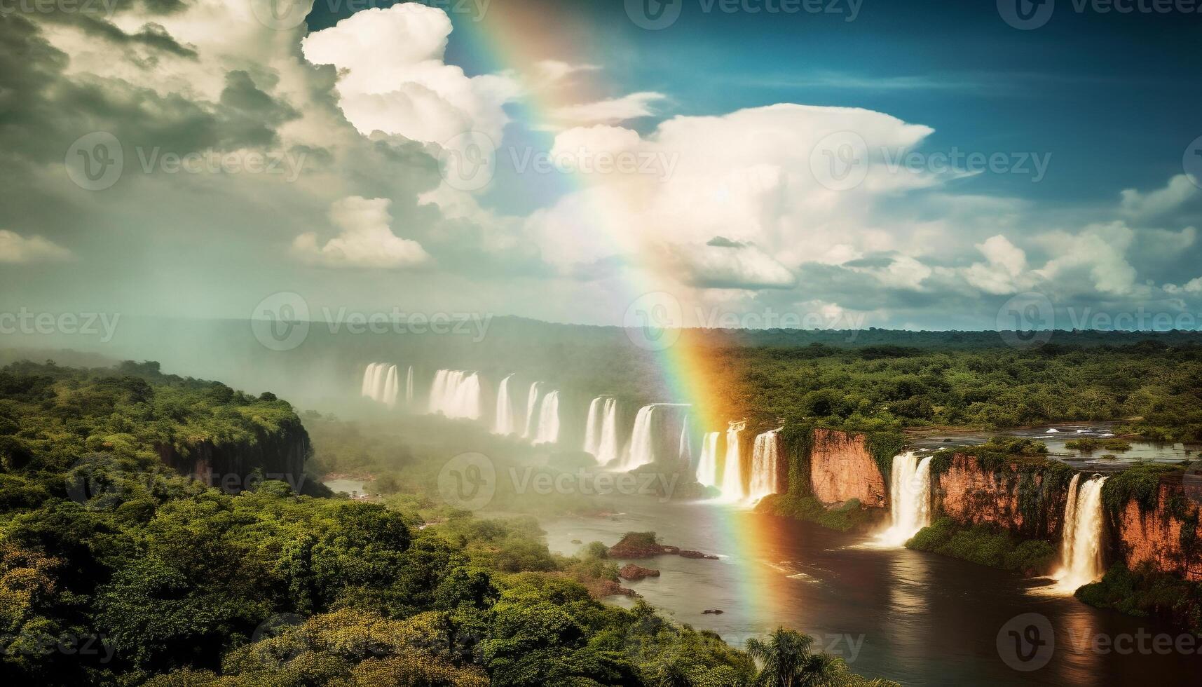 Majestic rainbow falls over tropical rainforest landscape generated by AI photo