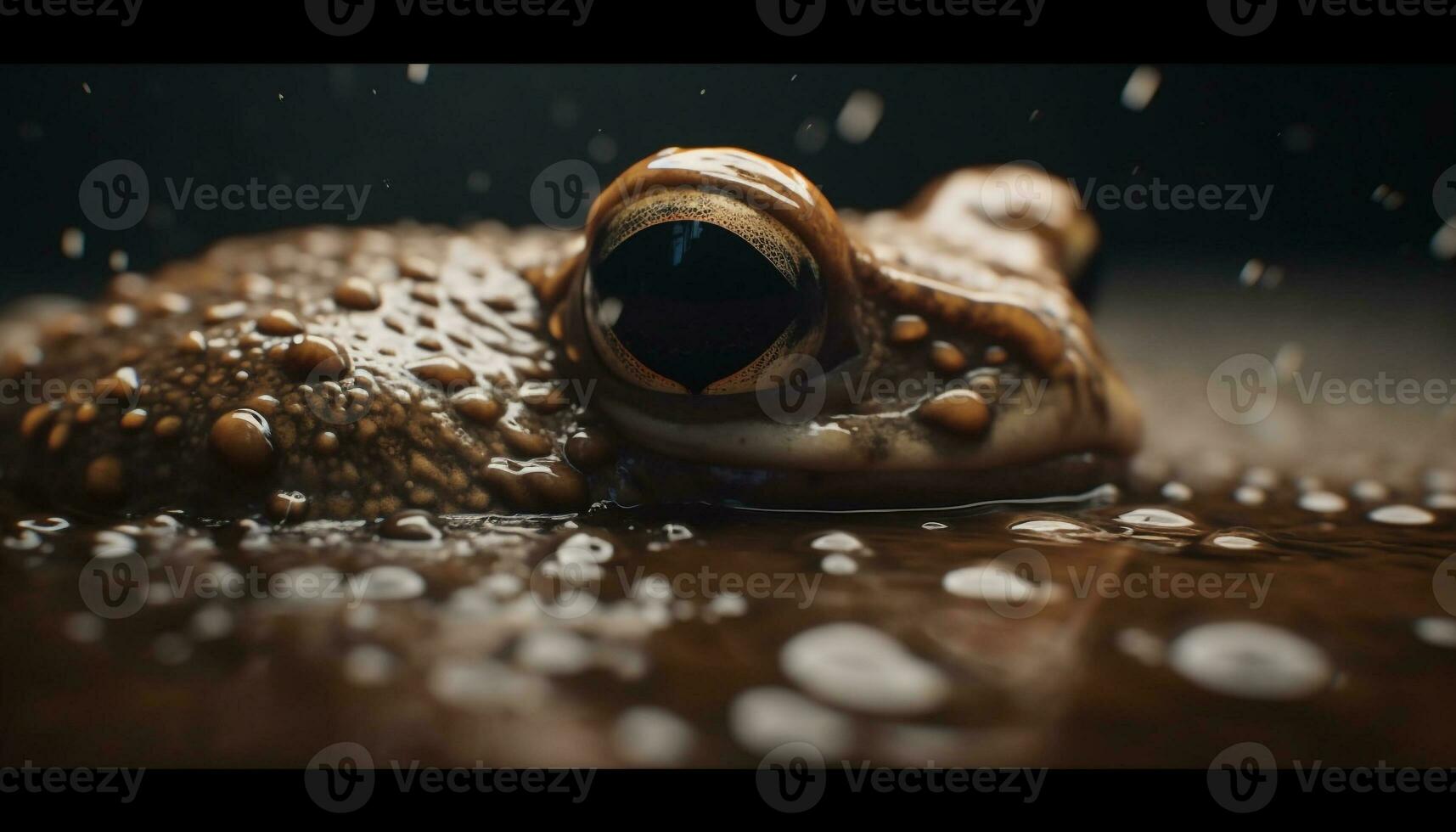 Small toad looking at drop of rain generated by AI photo