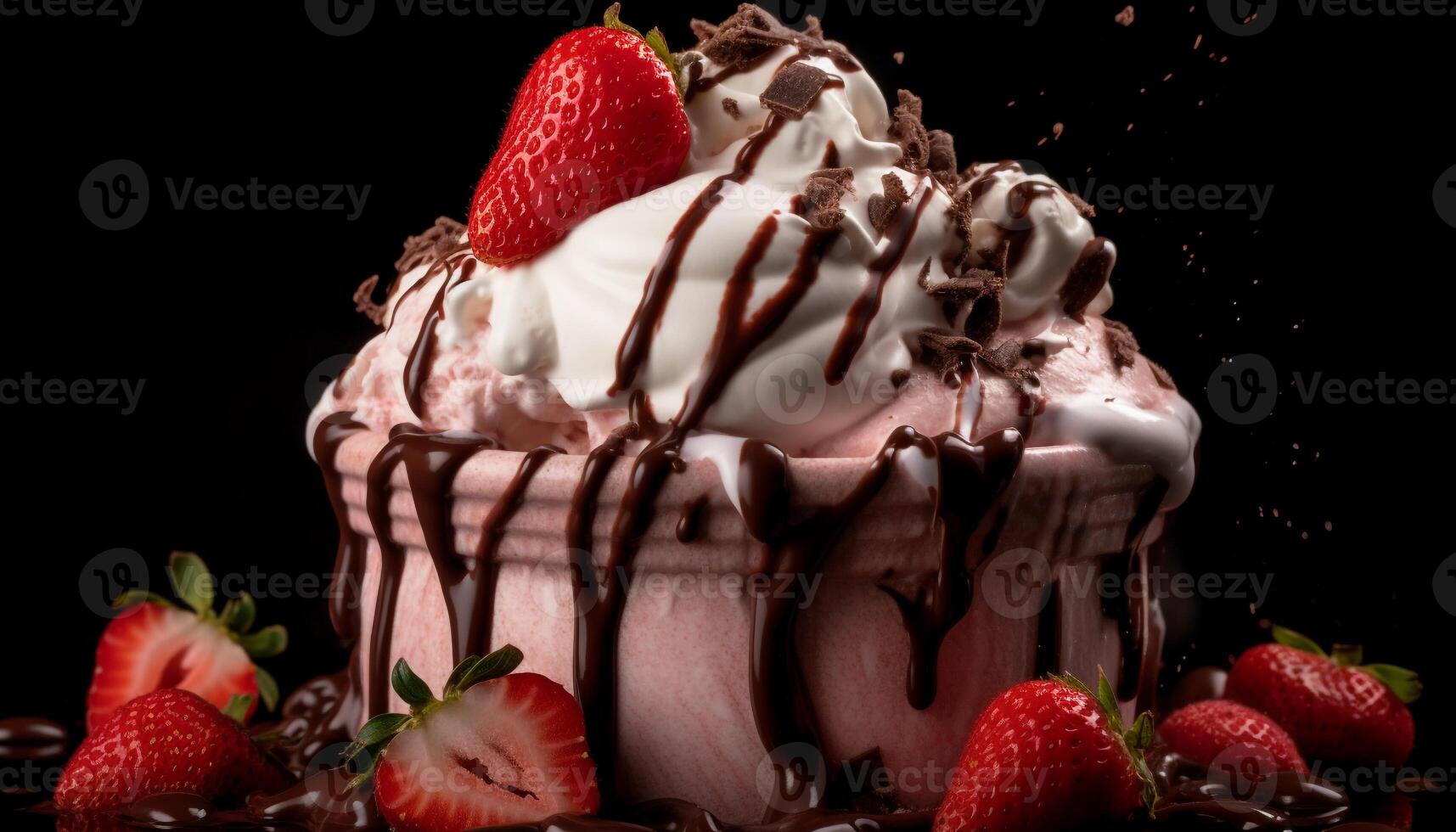 Indulgent berry cheesecake slice with chocolate sauce generated by AI photo