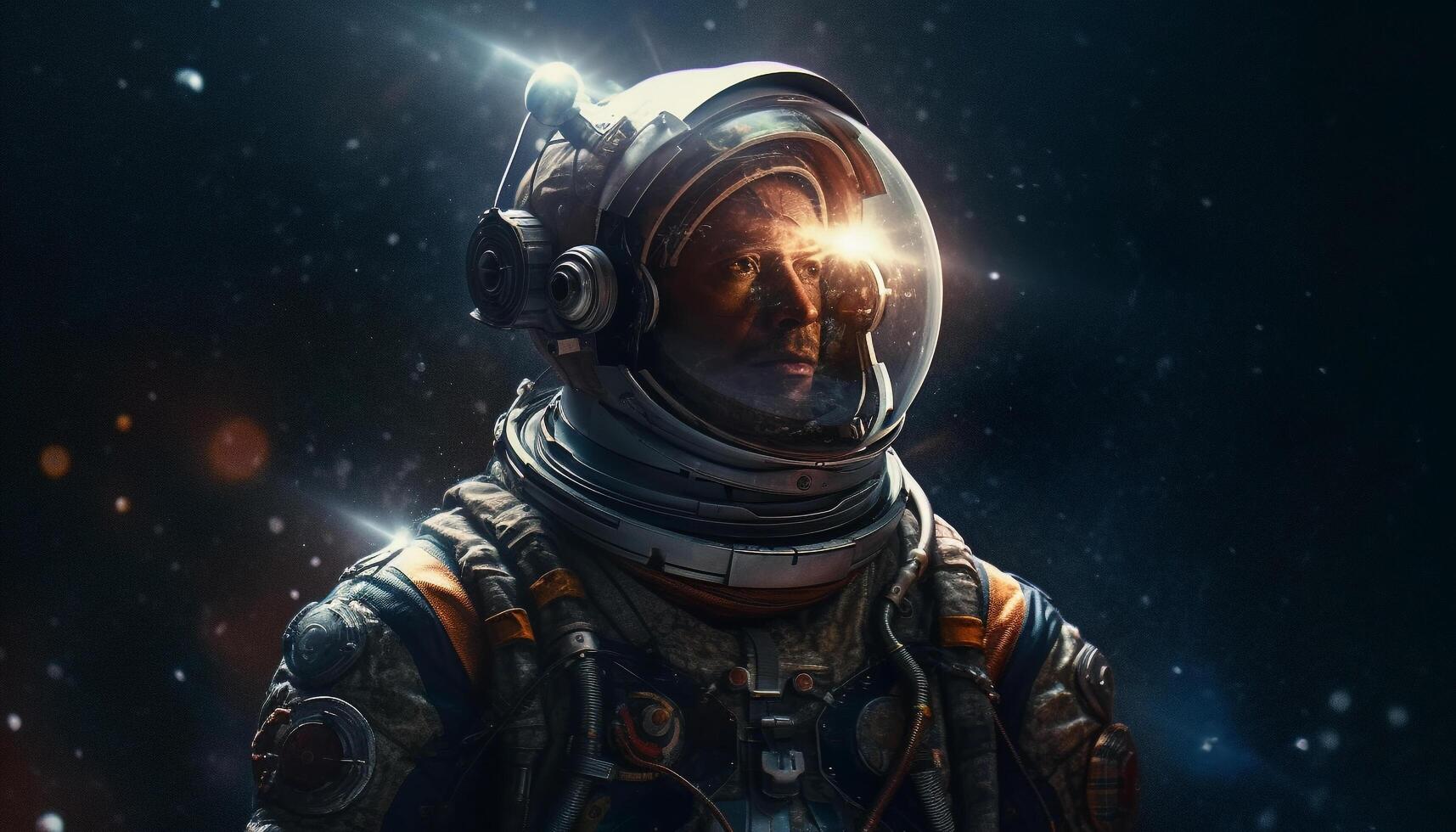 Futuristic men armed with technology explore space generated by AI photo