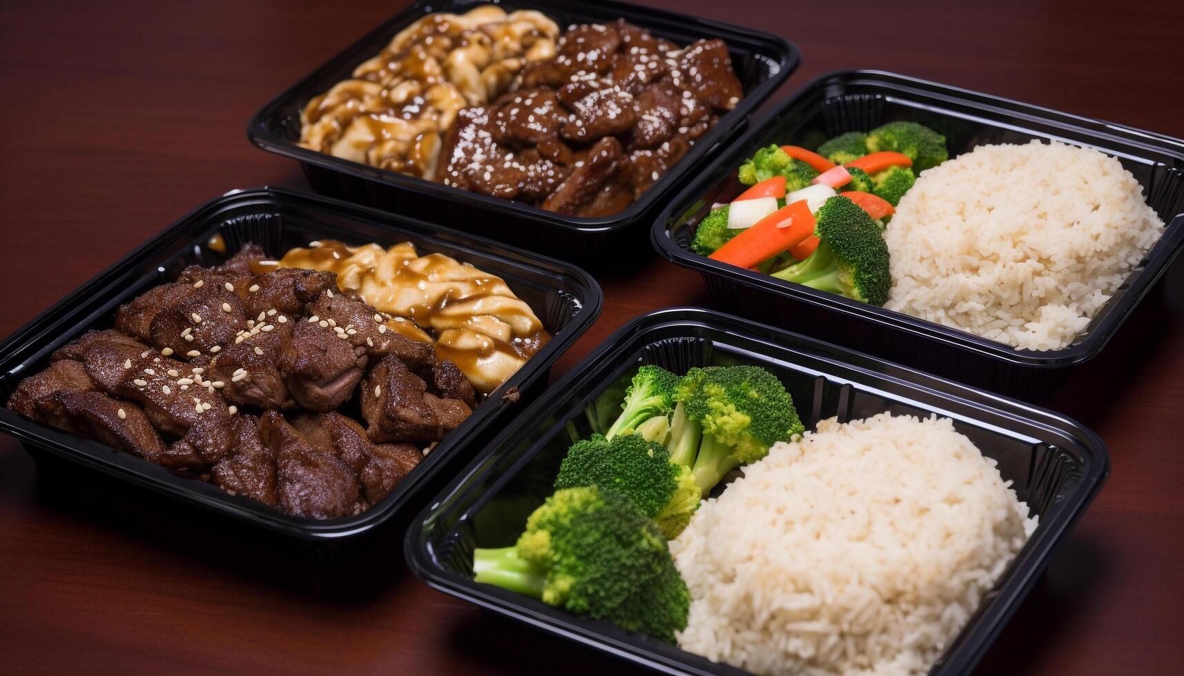 Steamed pork and broccoli on rice bowl generated by AI photo