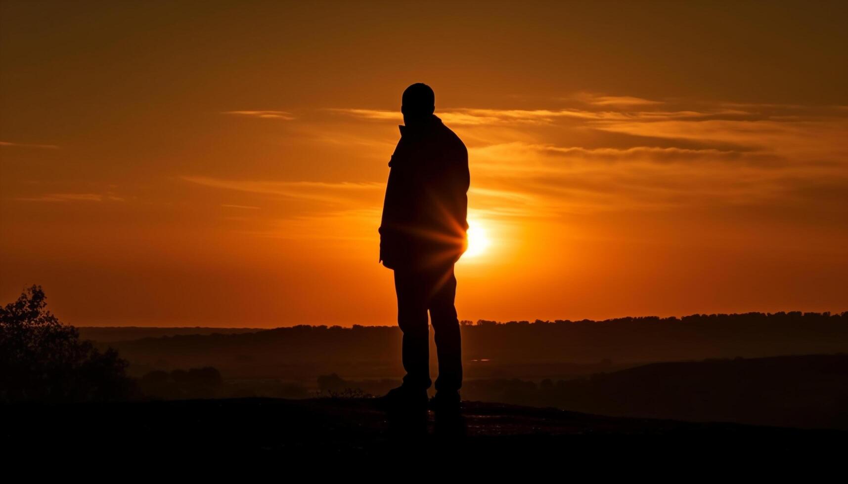 en pie silueta en tranquilo amanecer, meditando solo generado por ai foto