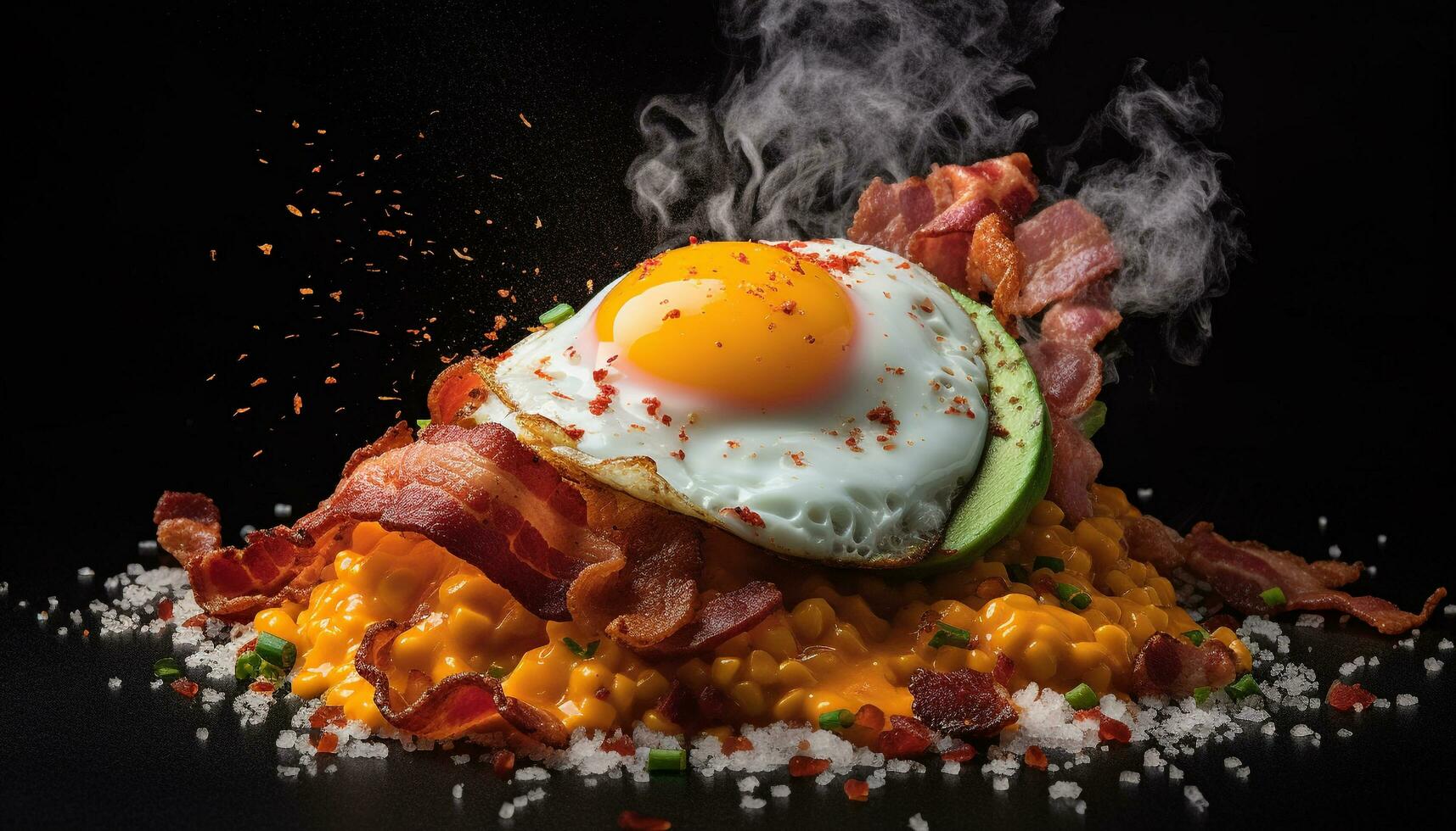 Grilled pork, bacon, and fried egg sandwich generated by AI photo