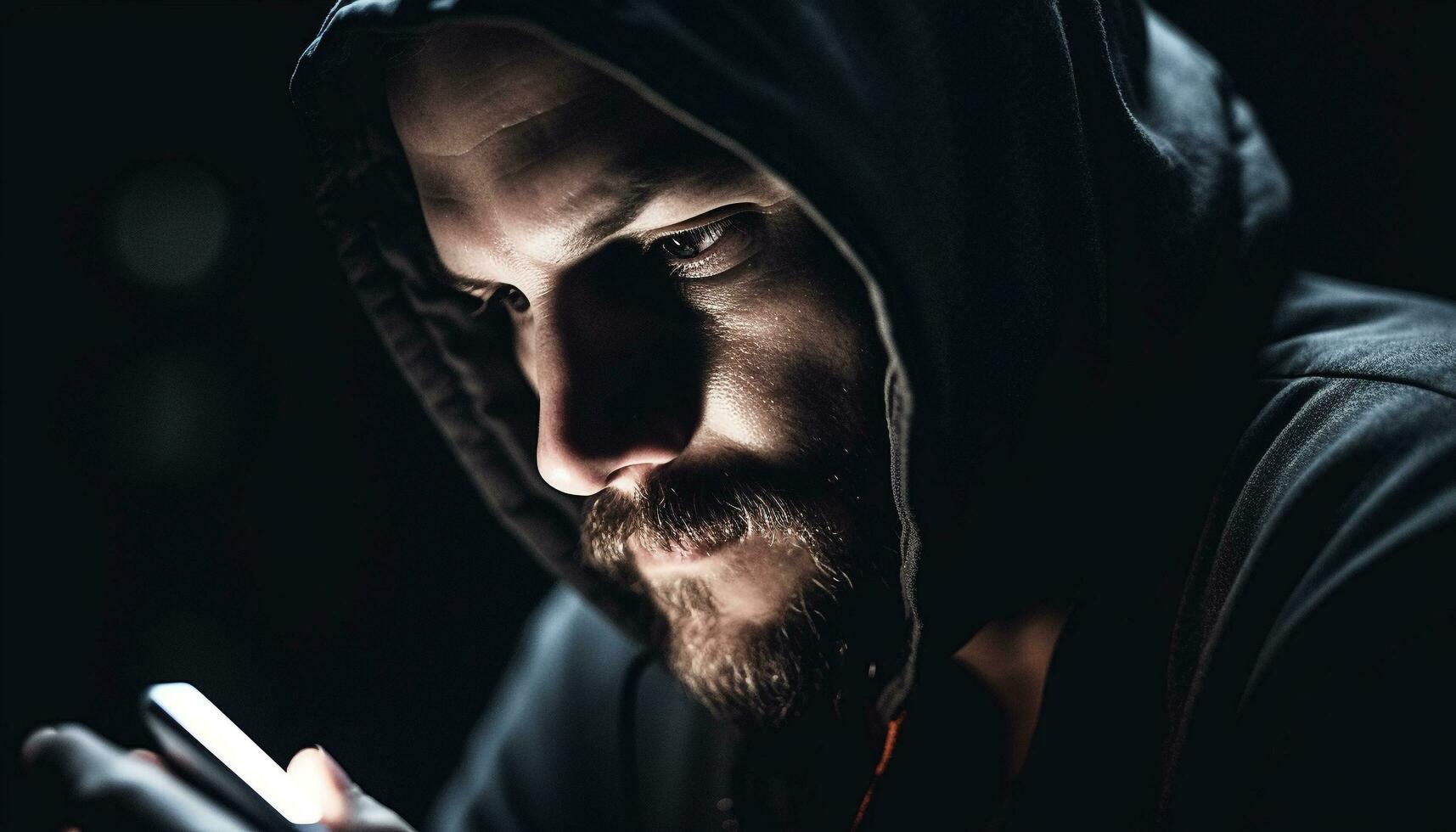 Hooded man in dark clothing looks serious generated by AI photo