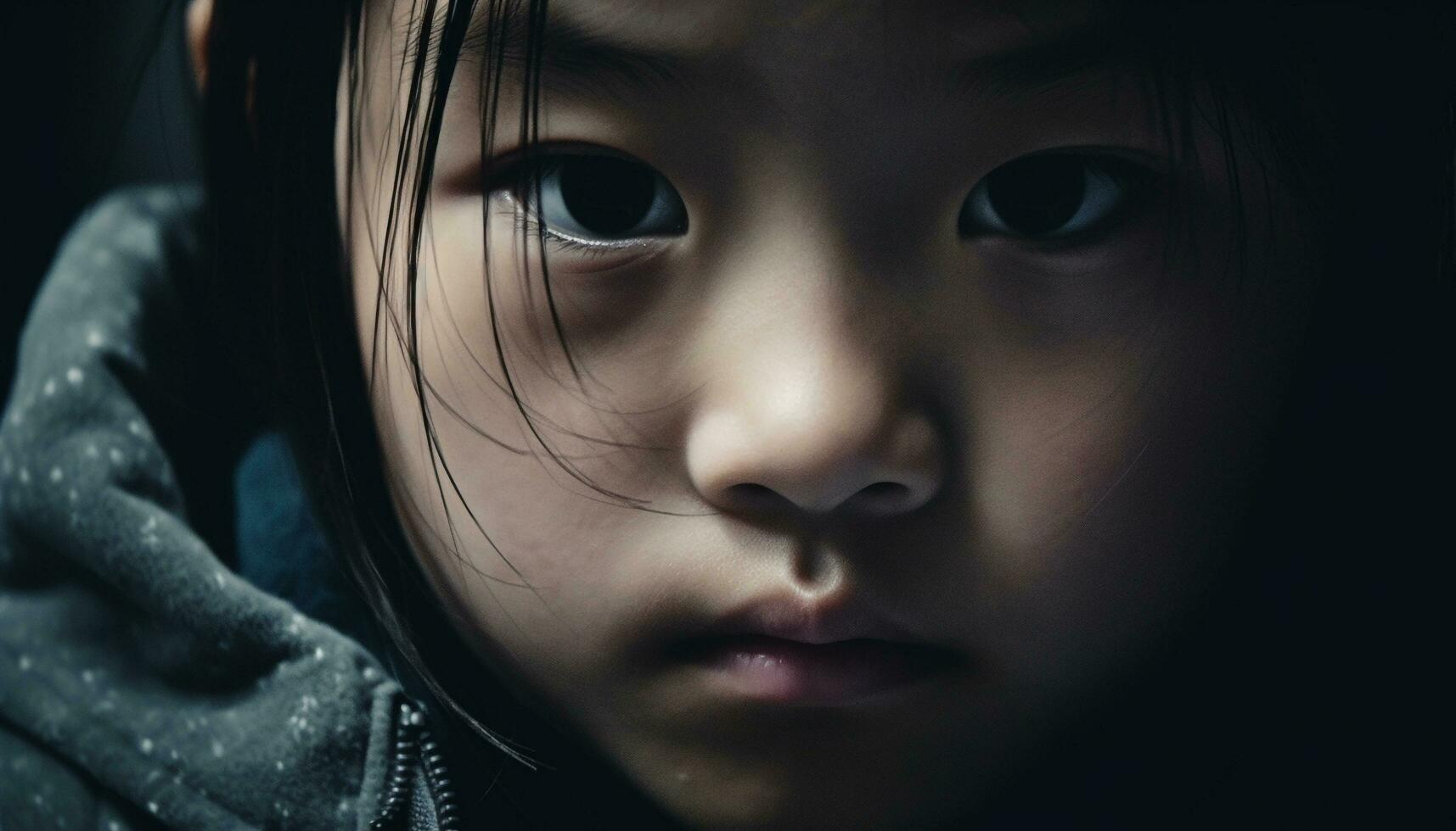 tristeza en niños ojos, capturado en retratos generado por ai foto