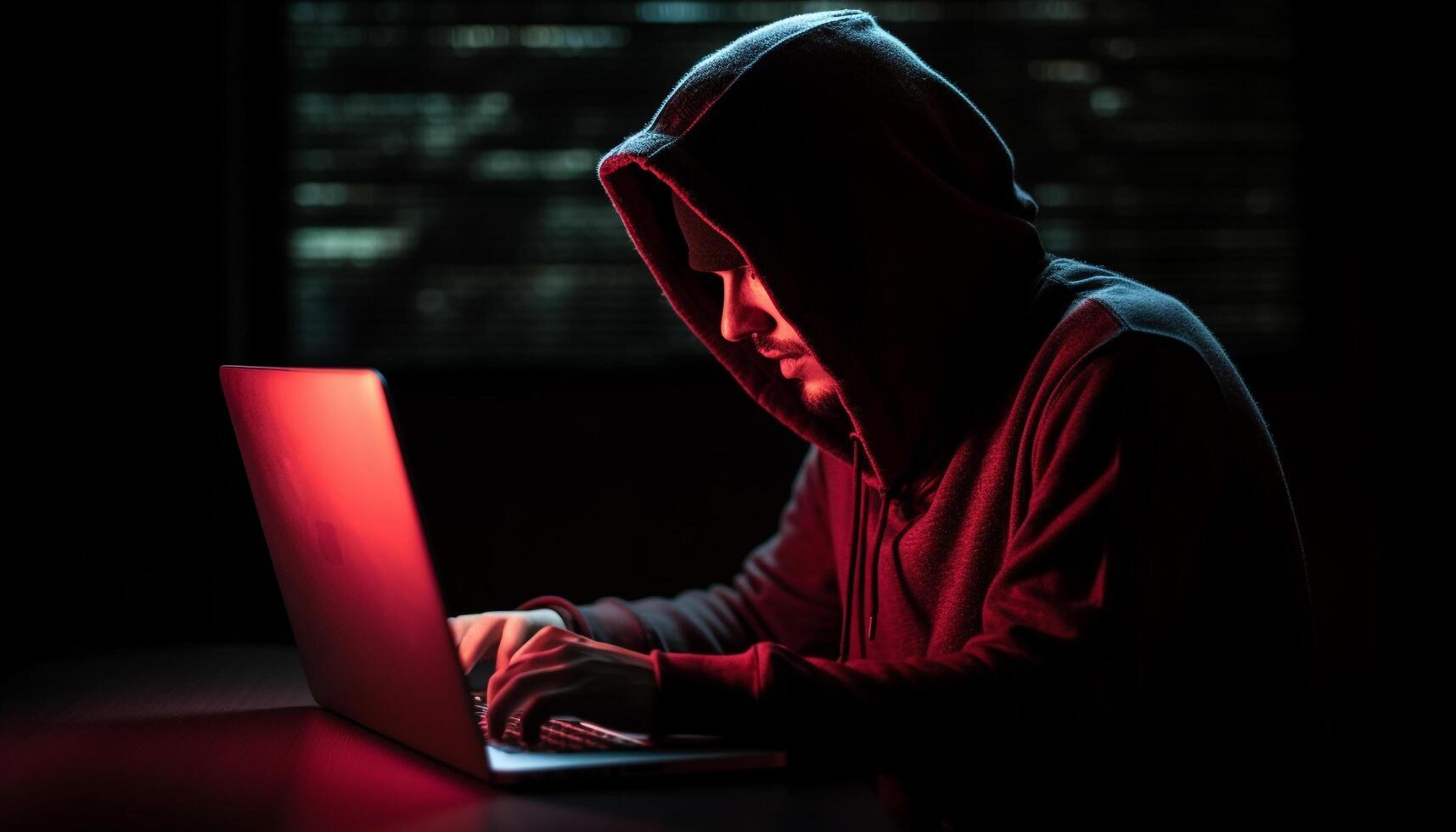 Hooded thief typing on laptop, committing cybercrime generated by AI photo