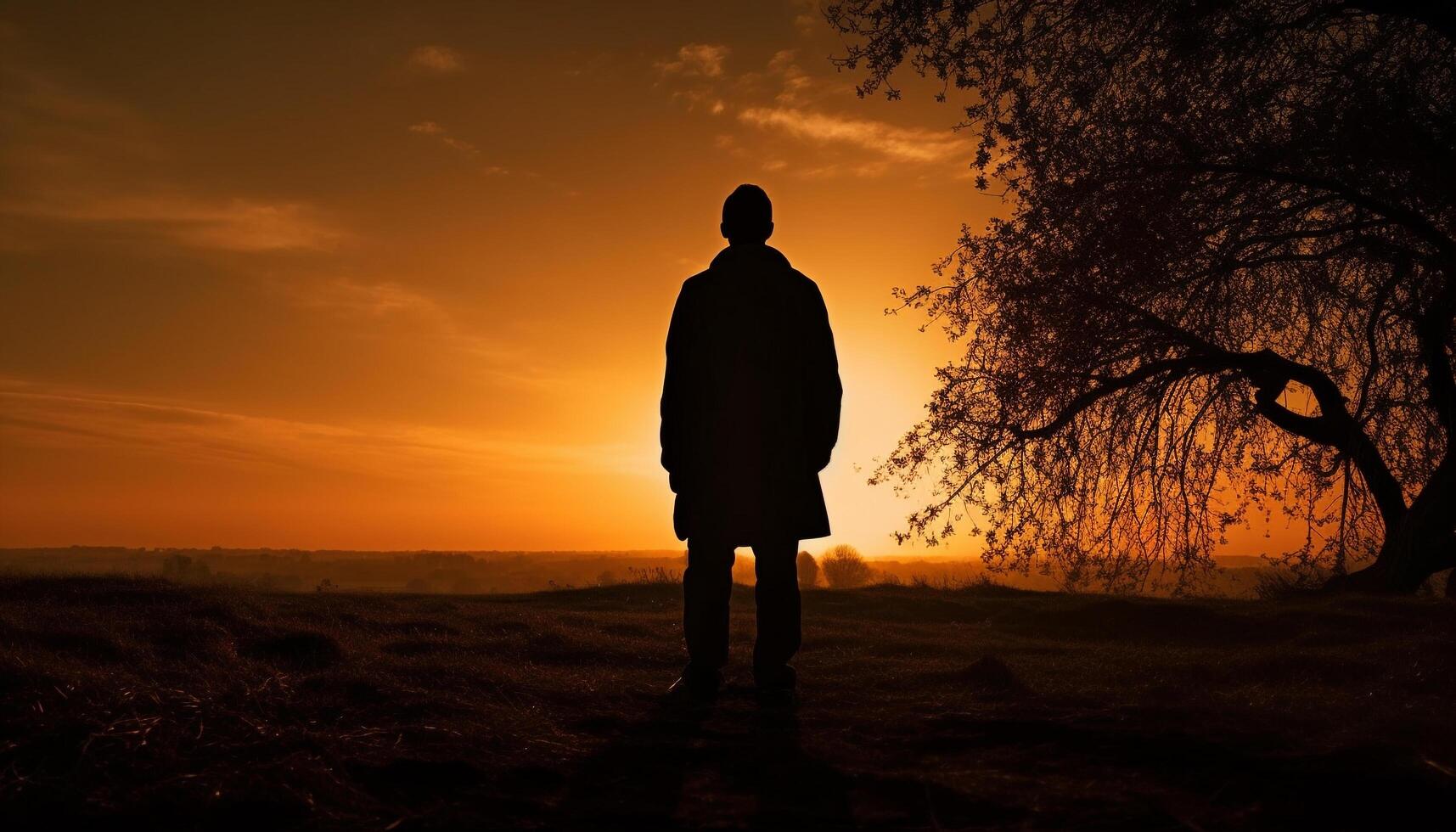 Silhouette of men standing in tranquil nature generated by AI photo