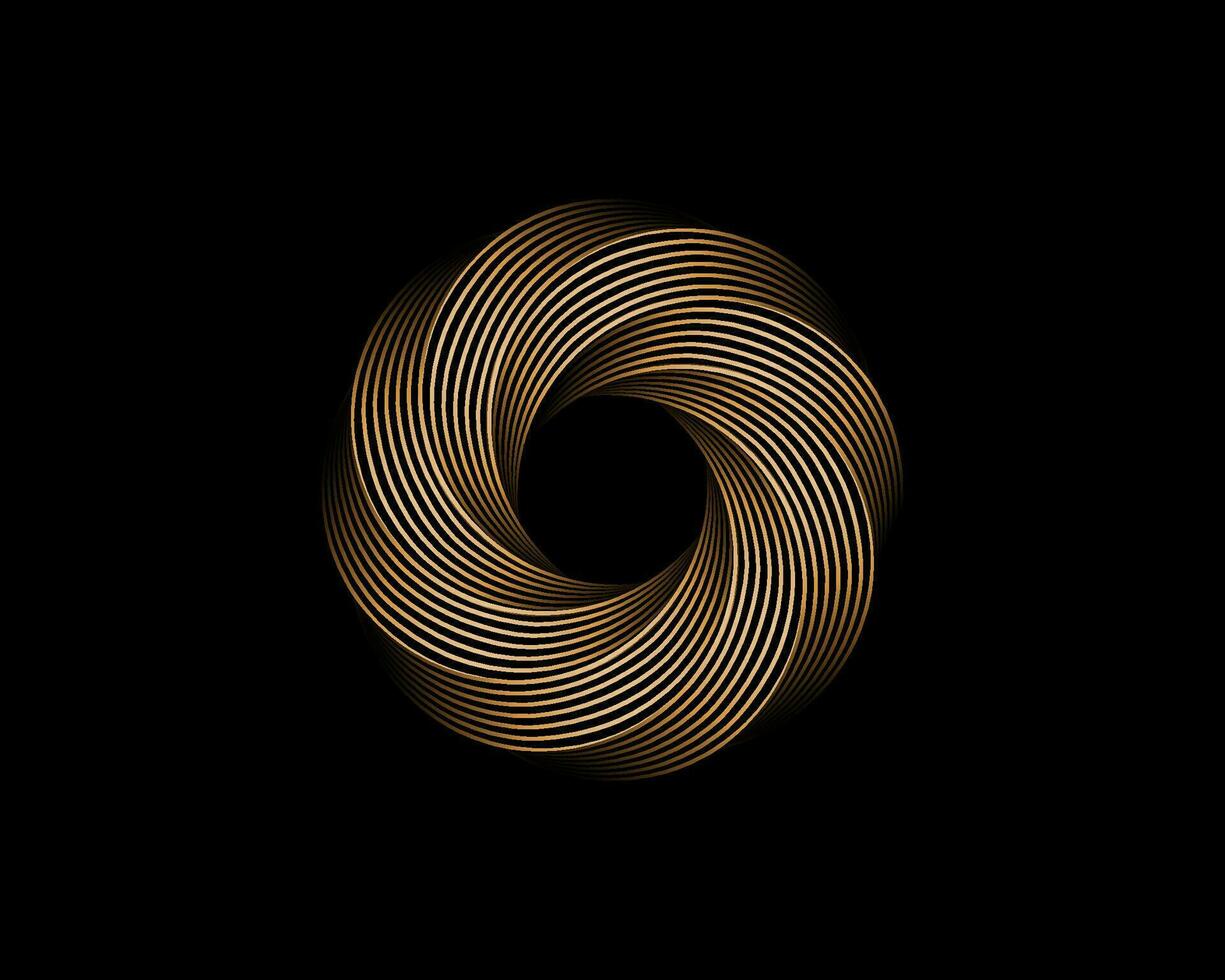 Metallic Abstract Flower Vortex, gold vector geometric circles logo design isolated on black background. Technology round in golden wave elements