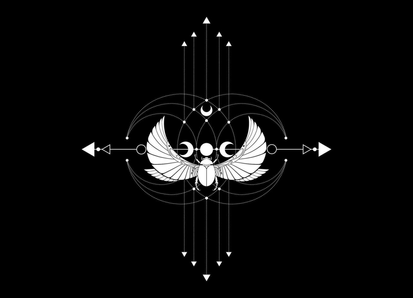 Winged beetle and Sacred geometry. Mystical scarab and triple moon, magical sign of god and goddess, white vector symbols isolated on black background. Design tattoo, print, posters, t-shirts, textile