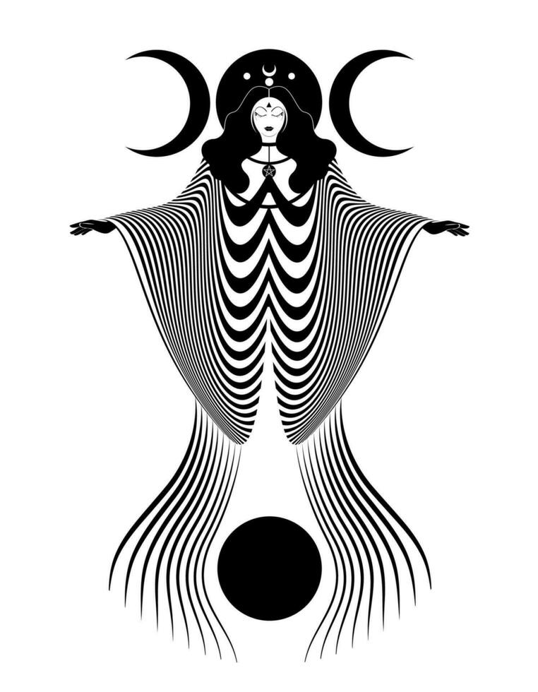 Magical triple goddess, priestess. Beautiful fairy woman with long dress. Gothic Witch wiccan female sacred design, magic black moon. Vector isolated on white background in art deco style