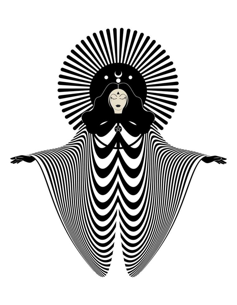 Magical goddess, priestess. Beautiful fairy woman with long hair. Gothic Witch wiccan female sacred design. Vector isolated on white background in art deco style