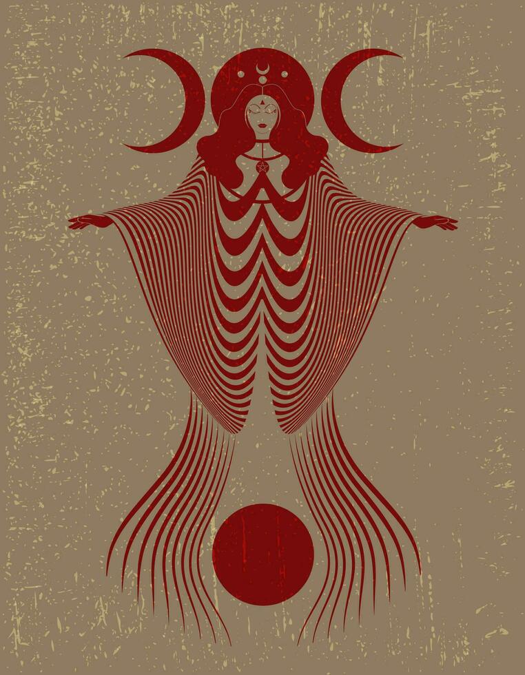 Magical triple goddess, priestess. Beautiful fairy woman with long dress. Gothic Witch wiccan female sacred design, magic red moon. Vector isolated on vintage background in art deco style