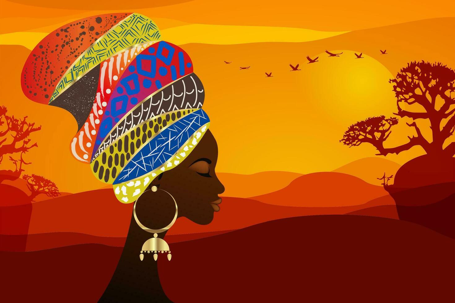 portrait beautiful African woman in traditional turban tribal motifs, Kente head wrap, African Traditional black women vector silhouette isolated on Africa safari landscape background