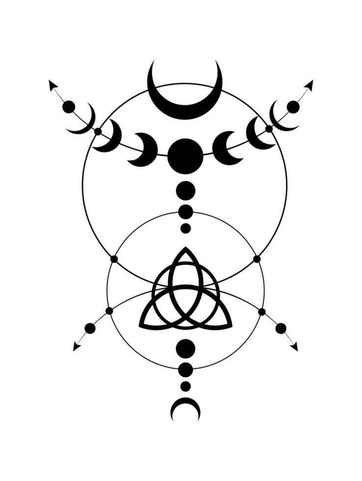 Mystical Moon Phases  Wicca frame border. Triquetra Sacred geometry. Logo, Wiccan triple goddess symbol, energy circle, black tattoo boho style vector isolated on white background