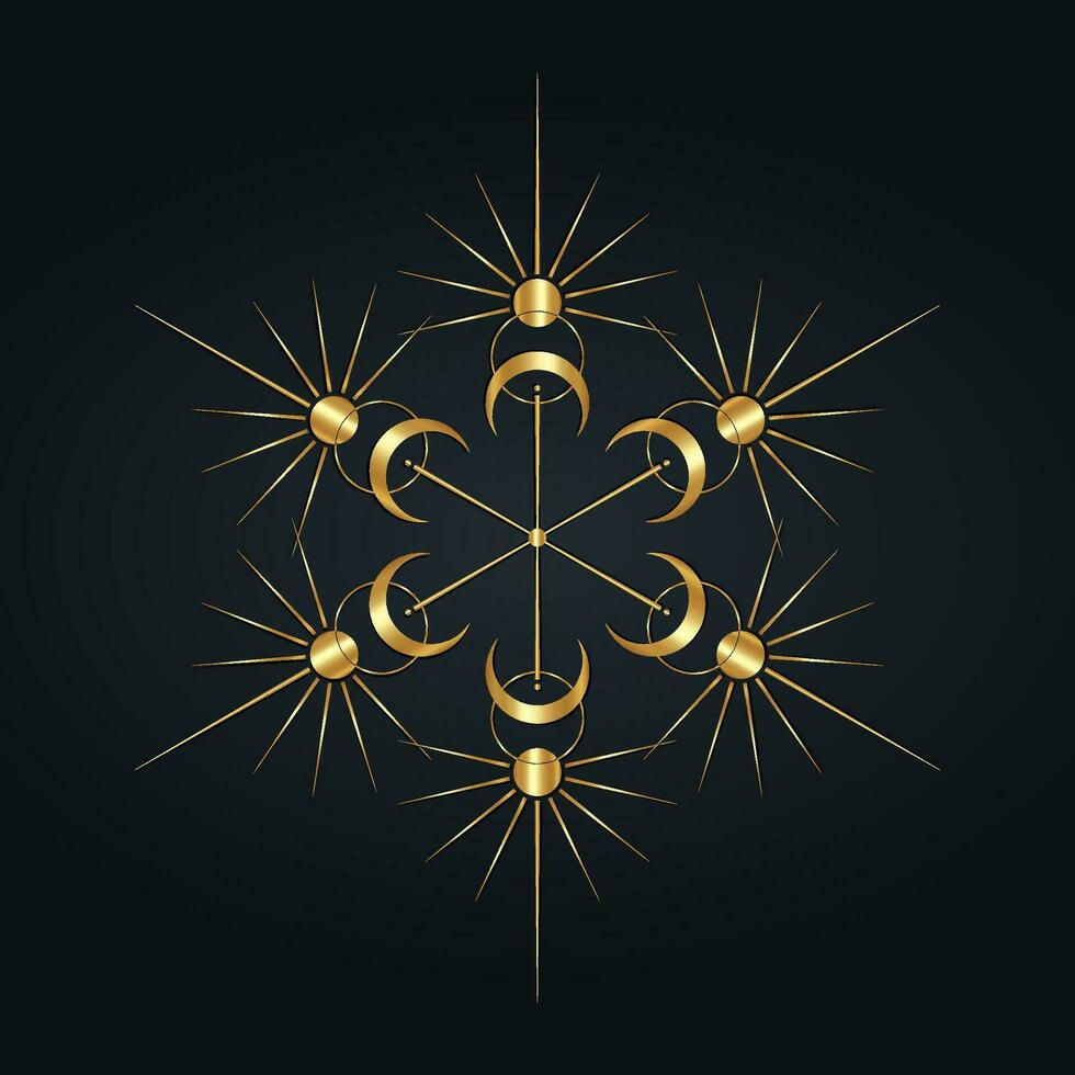 Sun and moon Mandala luxury clipart. Wicca golden logo. Mystical Sacred geometry, magic pagan Wiccan goddess and god symbols. Vector gold sign illustration isolated black background