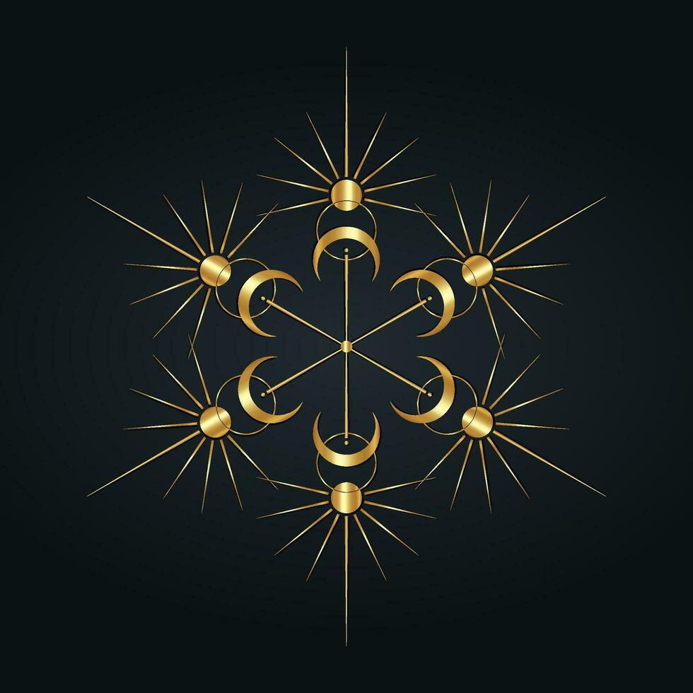 Sun and moon Mandala luxury clipart. Wicca golden logo. Mystical Sacred geometry, magic pagan Wiccan goddess and god symbols. Vector gold sign illustration isolated black background