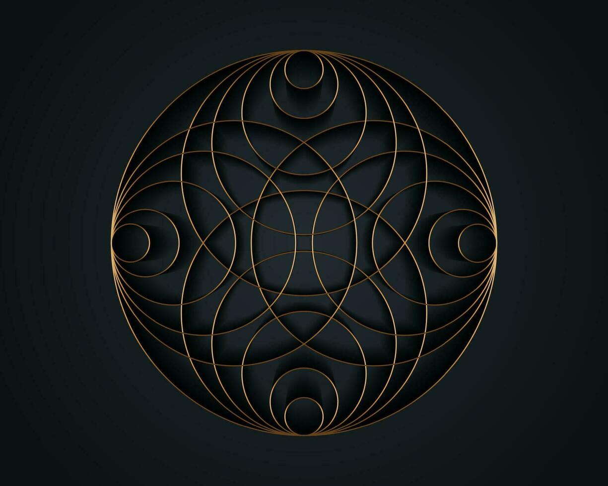 Gold Luxury Sacred Mandala template. Round design element isolated on black background. Circle pattern in golden color. Vector illustration for logo, monogram, web-design, decoration, business