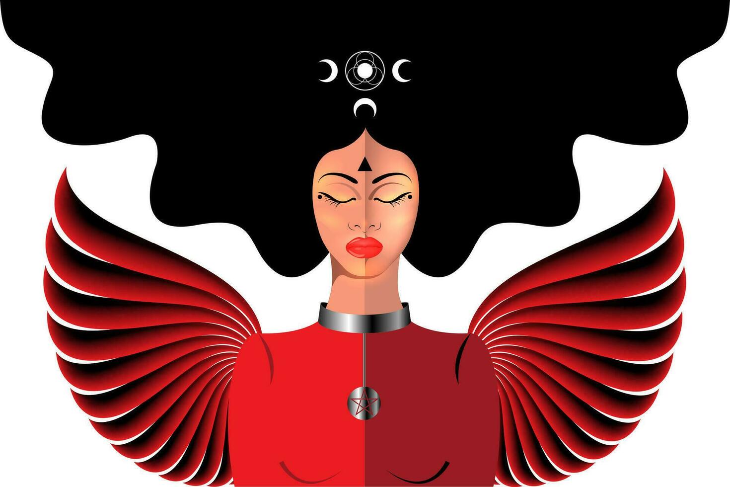 Pagan winged goddess with closed eyes in long hair. Lunar woman Hecate ancient Greek mythology. Celtic sorceress with wings, wiccan spirituality, occultism symbol. Vector illustration