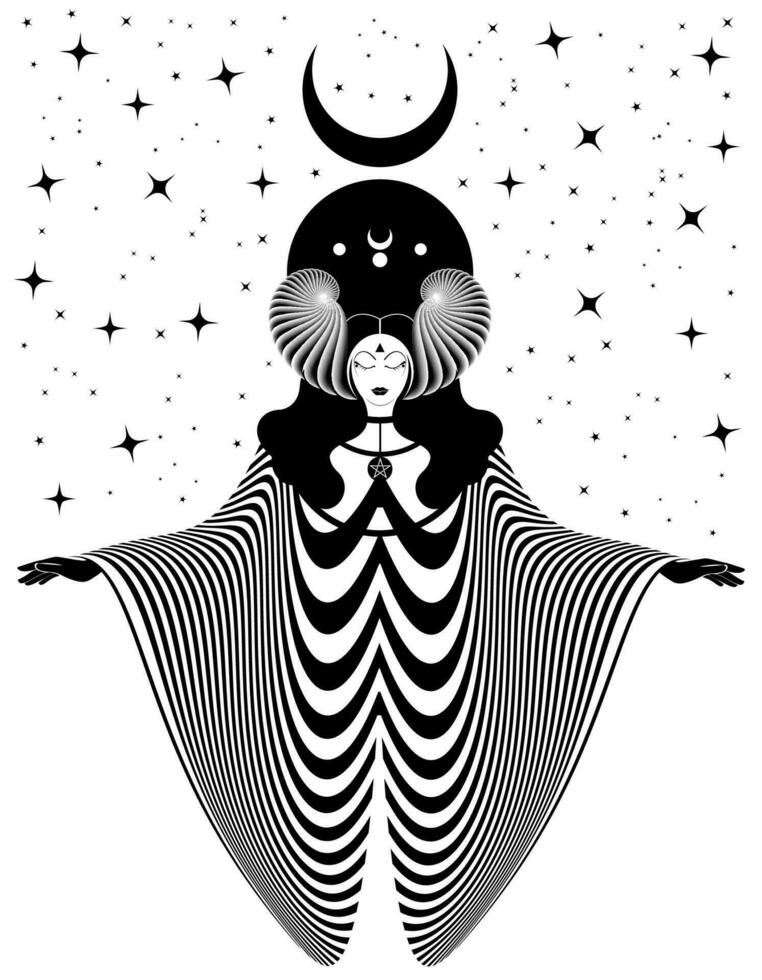 Magical celtic goddess, priestess. Beautiful fairy woman with horns and long dress. Gothic Witch wiccan female sacred design, magic black moon. Vector isolated on starry background in art deco style