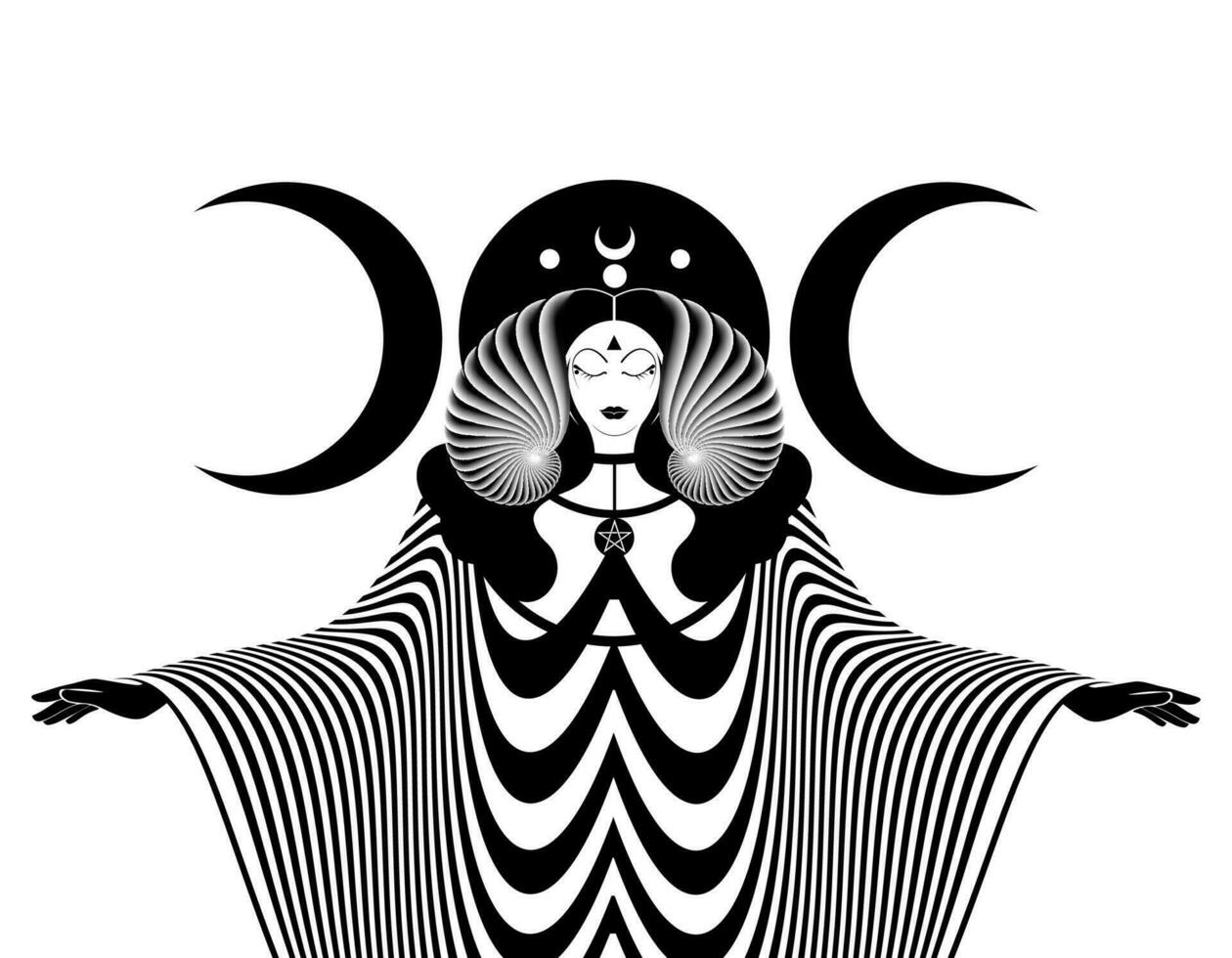 Magical triple goddess, priestess. Beautiful fairy woman with horns and long dress. Gothic Witch wiccan female sacred design, magic black moon. Vector isolated on white background in art deco style