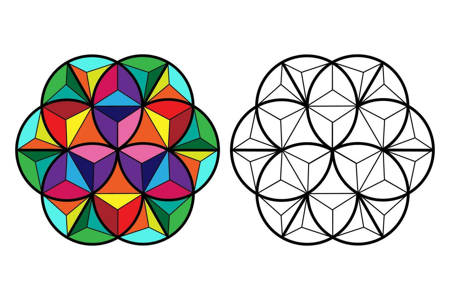 3D flower of life, sacred geometry. lotus flower. Colorful mandala ornament in polygonal wire frame. Coloring book or Coloring page for kids, isolated on white background, vector illustration