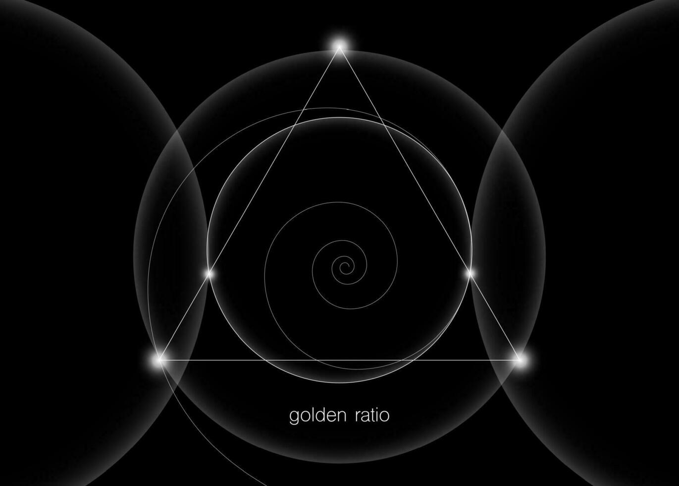 enclavamiento círculos, triangulos y espirales hipster sagrado geometría ilustración con dorado relación, fibonacci espiral. blanco línea vector aislado en negro antecedentes.