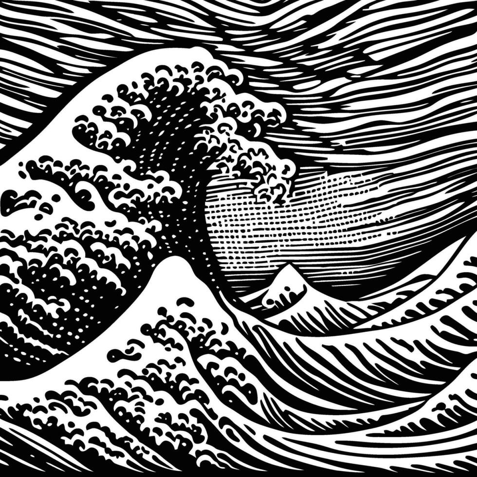 Woodcut Style Great Foamy Sea Wave vector