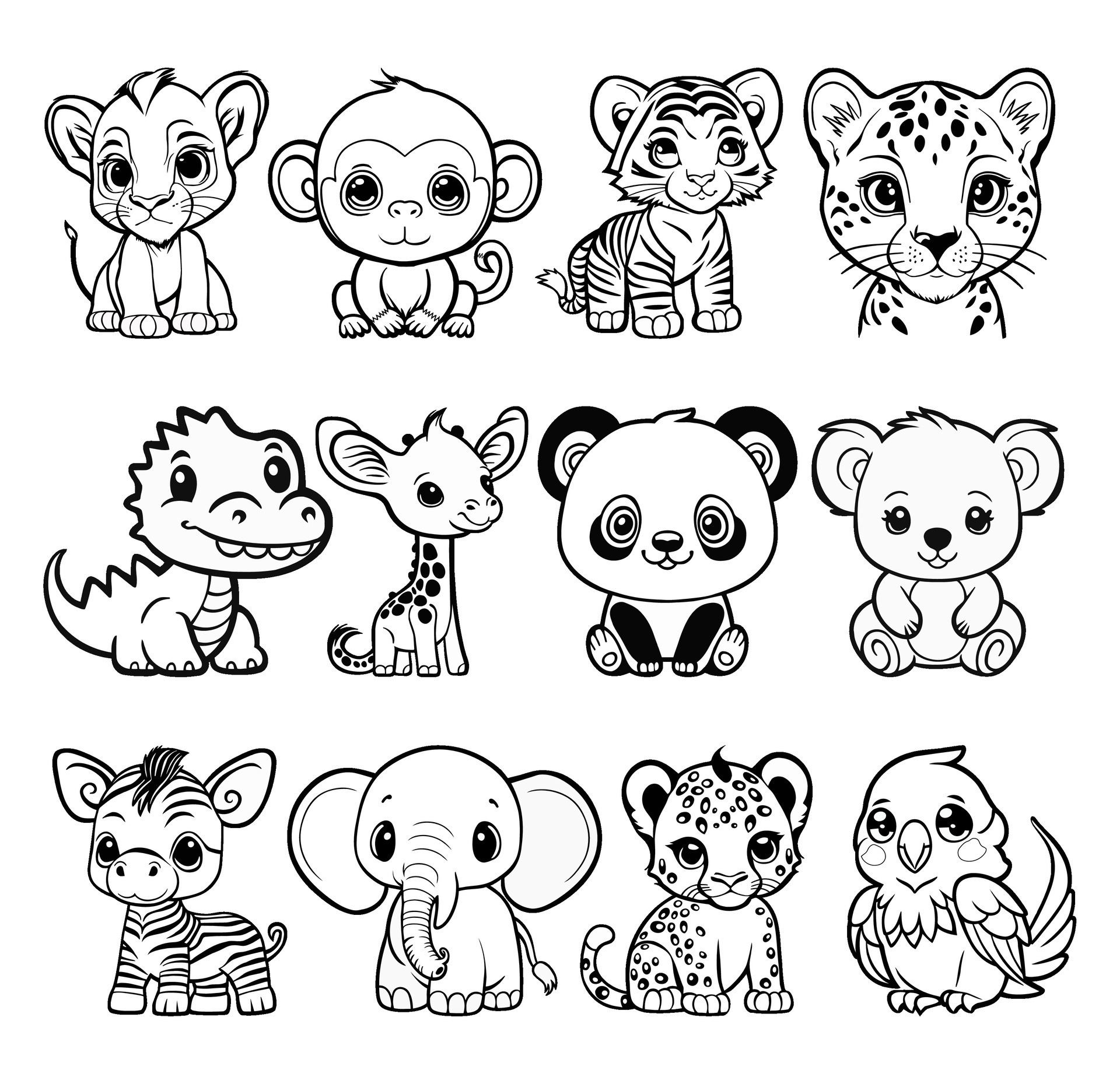 Black and White Cartoon Jungle Animals 25260559 Vector Art at Vecteezy