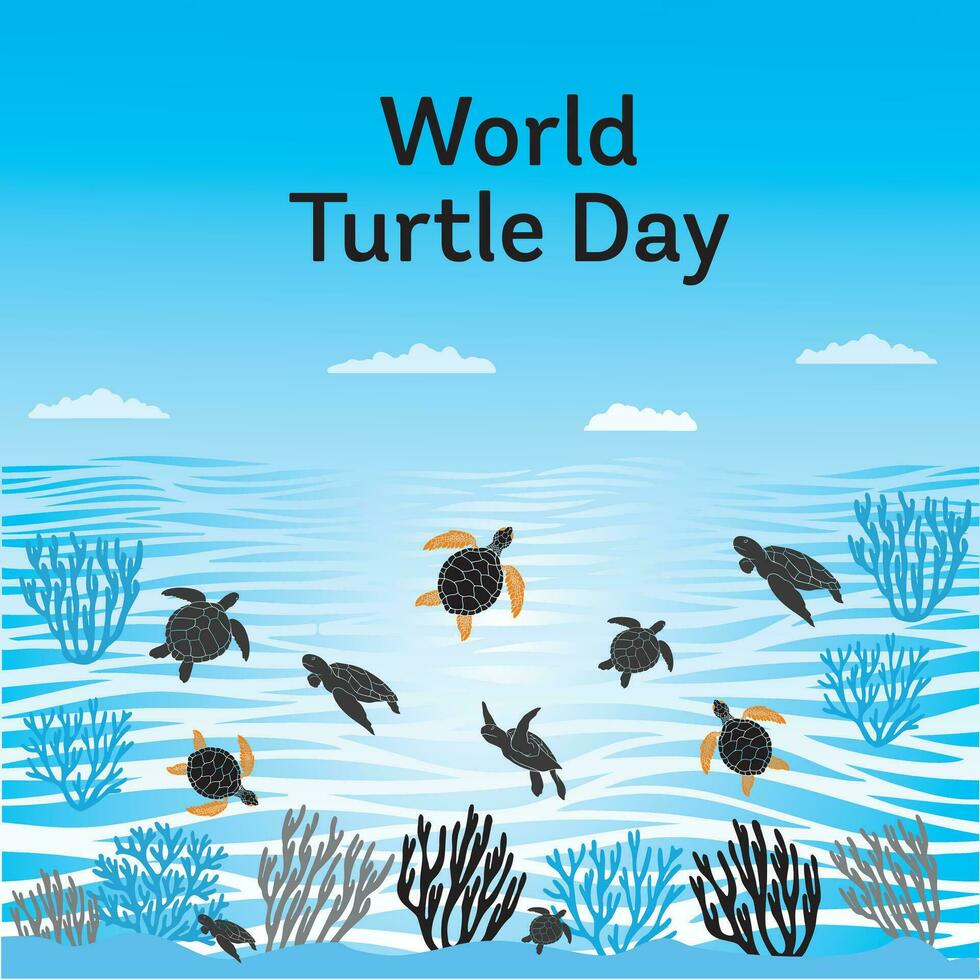 World Turtle Day. Turtle swims in the ocean against. vector illustration.