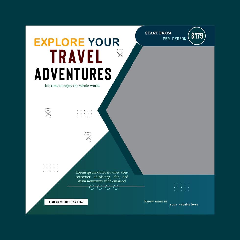 Travel business promotion web banner template design for social media. Traveling, tourism or summer holiday tour online marketing flyer, post or poster vector