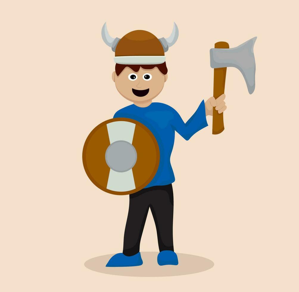 dibujos animados vikingo chico sostener proteger y hacha juguete, chico vistiendo vikingo disfraz con casco, hacha y blindaje. vector
