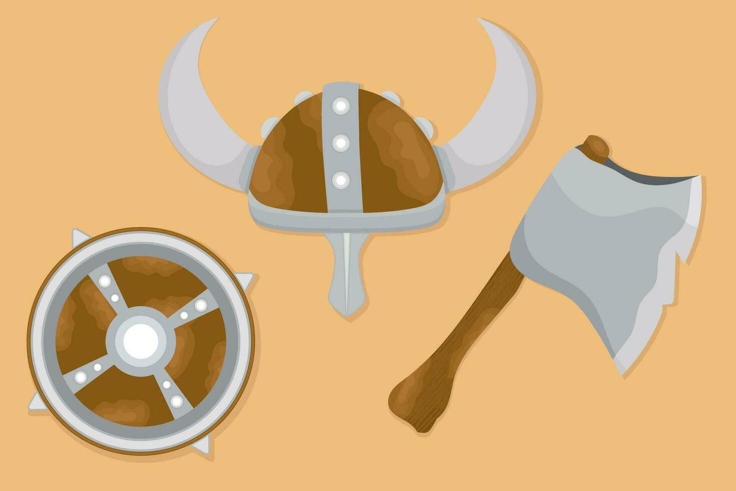 Viking game props icons, helmet battle axe, shield in flat color. vector