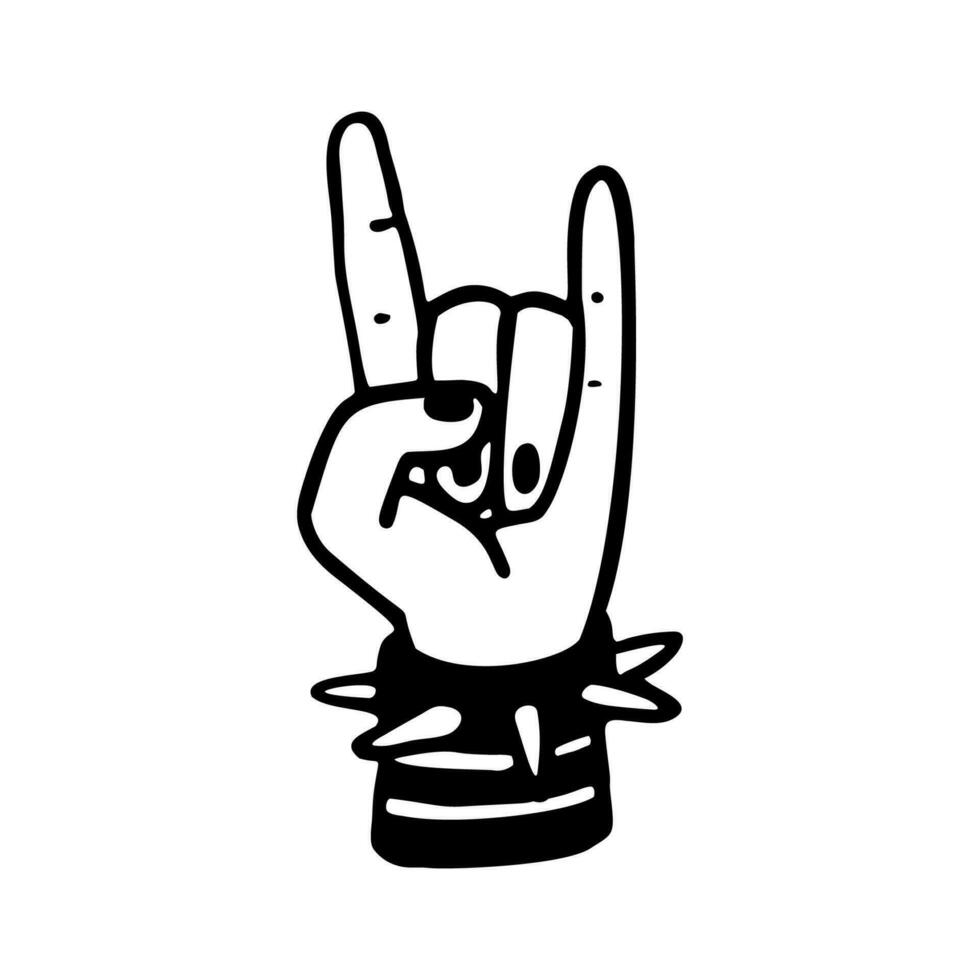 Punk rock collection. Devil s horns gesture, a human hand showing rock sign. Vector illustration on white background.
